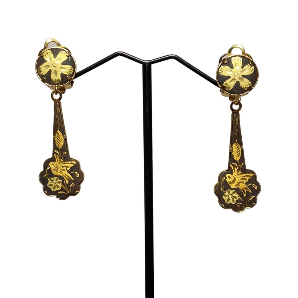Vintage Damascene Gold Inlaid In Black Steel Clip-On Earrings